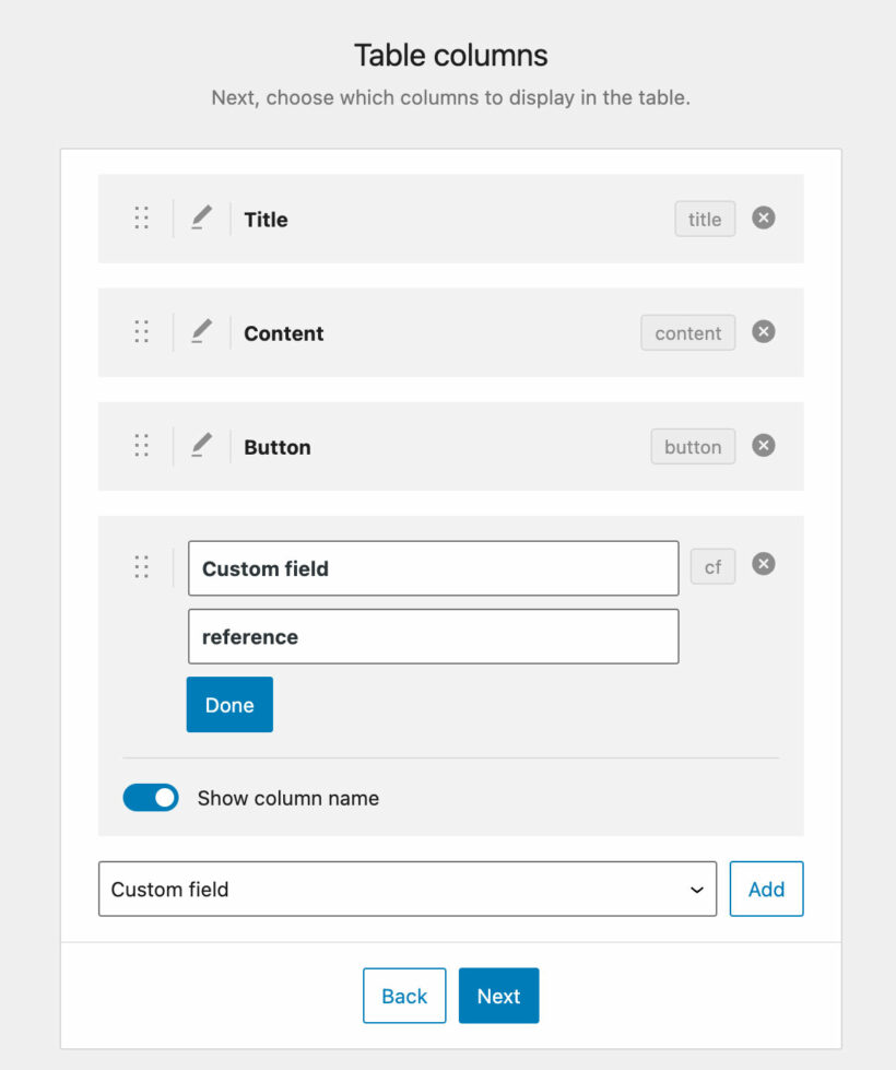 Custom field column table builder