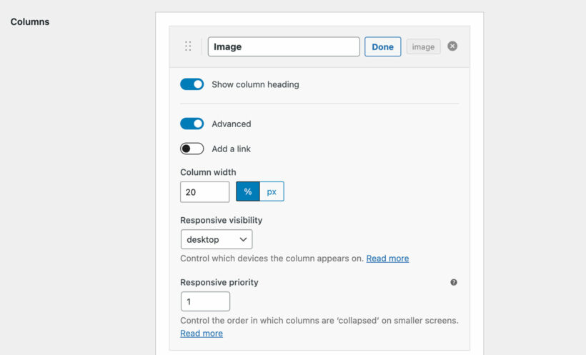 Posts Table Pro links widths responsive advanced column options