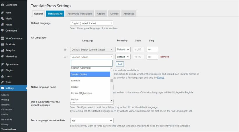 2. TranslatePress Settings