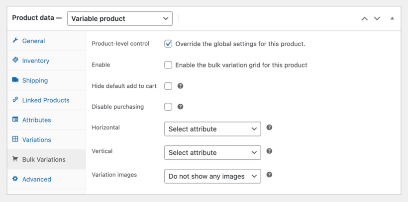 Edit variation grid per product