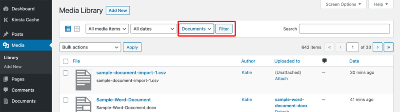 Filter WordPress Media Library by Documents
