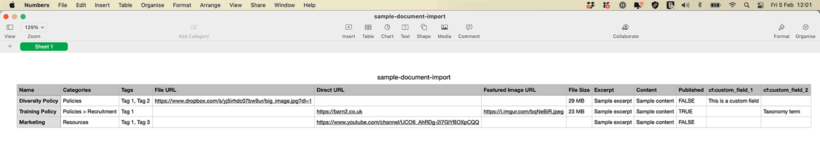 Sample Document Import CSV