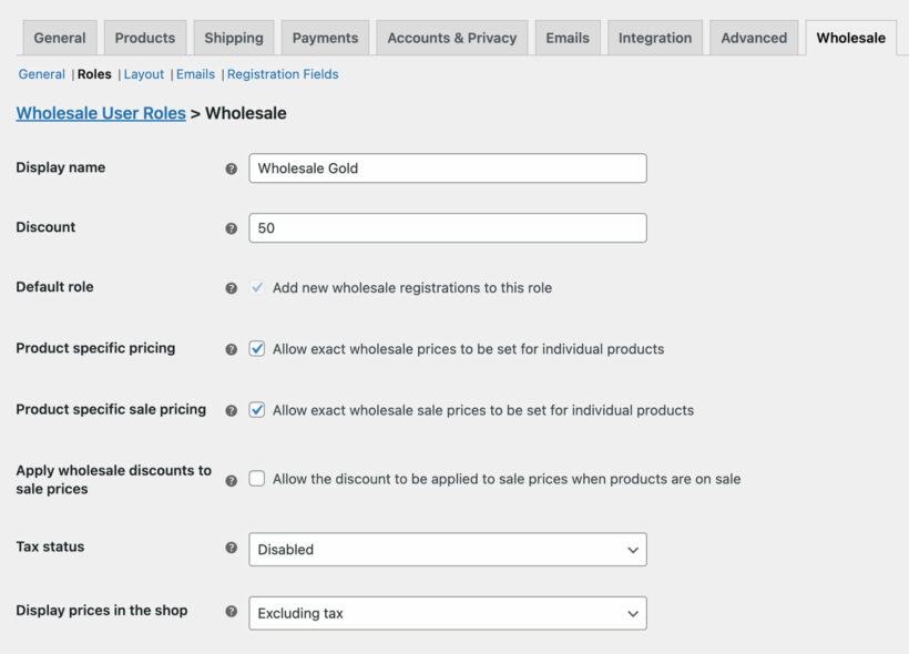 WooCommerce wholesale role settings