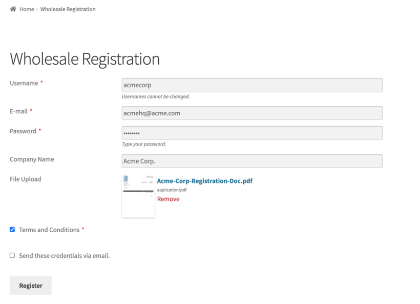 Wholesale registration form preview