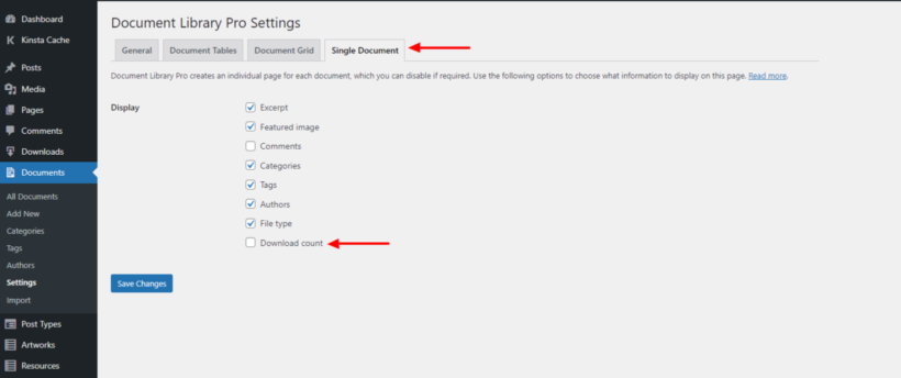 document library settings single page