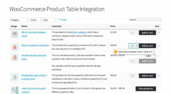 WooCommerce Product Table quantity error message