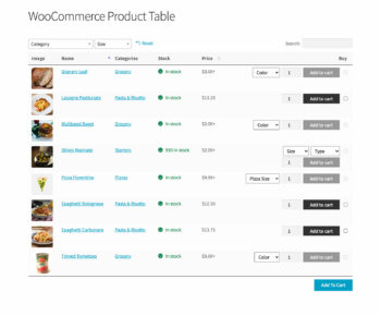 WooCommerce Product Table variation prices