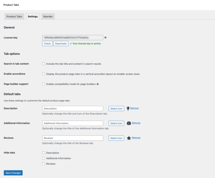 WooCommerce Product Tabs settings