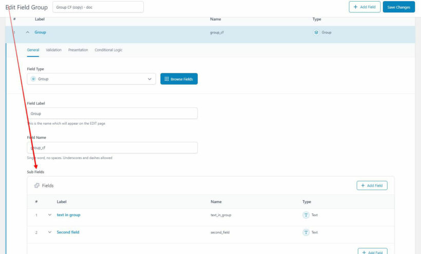 ACF group field names