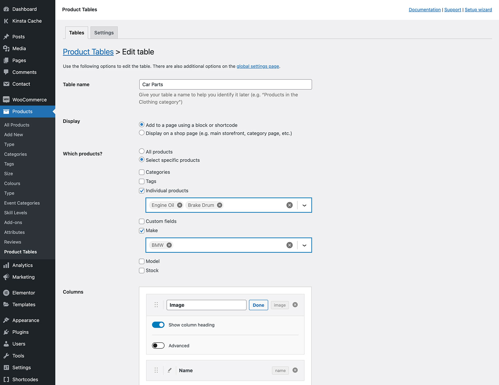 Edit product table builder