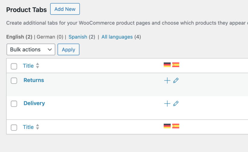WooCommerce Product Tabs translate tab into multiple languages