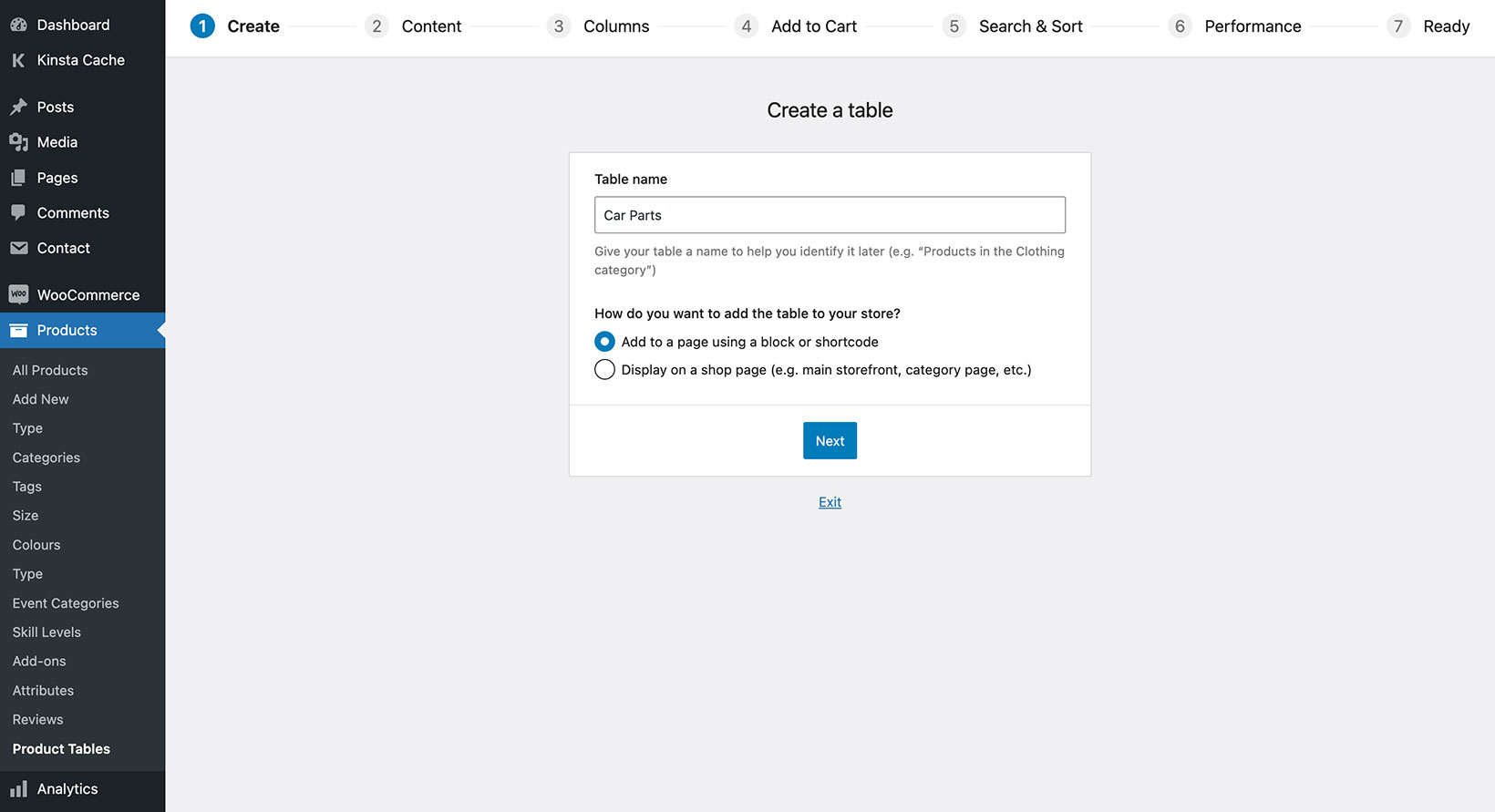 WPT table builder create templates