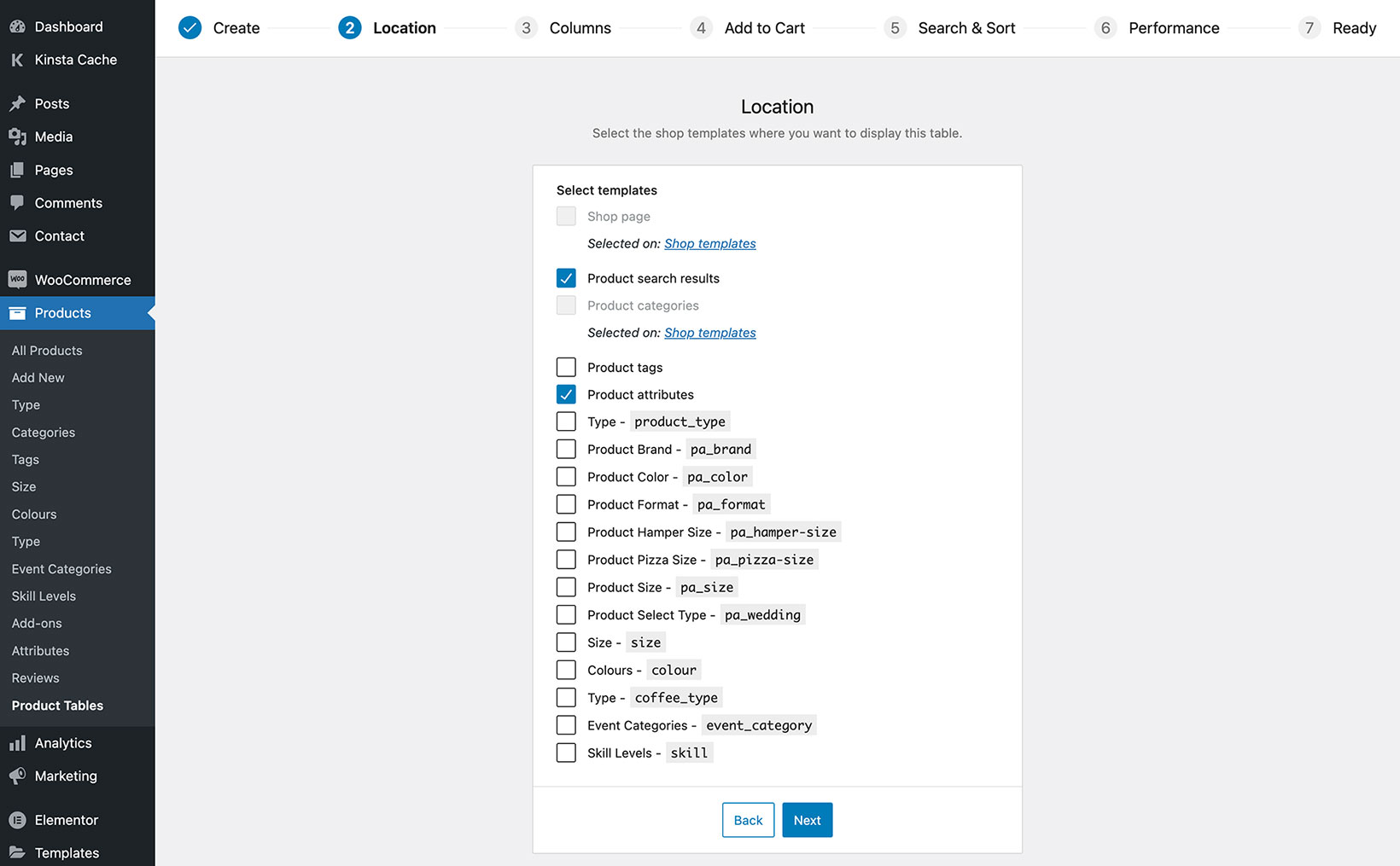 WPT table builder shop templates