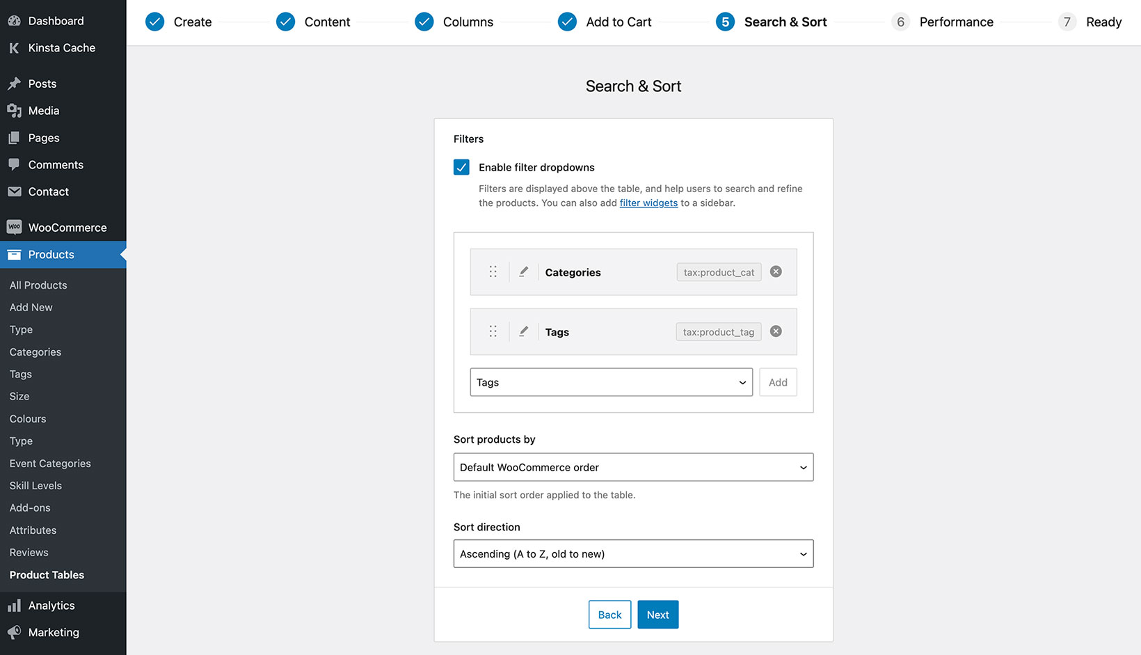 WPT table builder filters