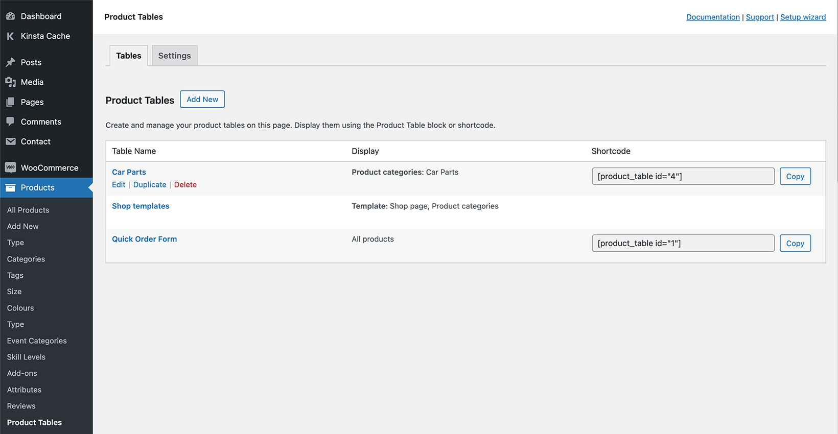 WPT table builder manage all tables