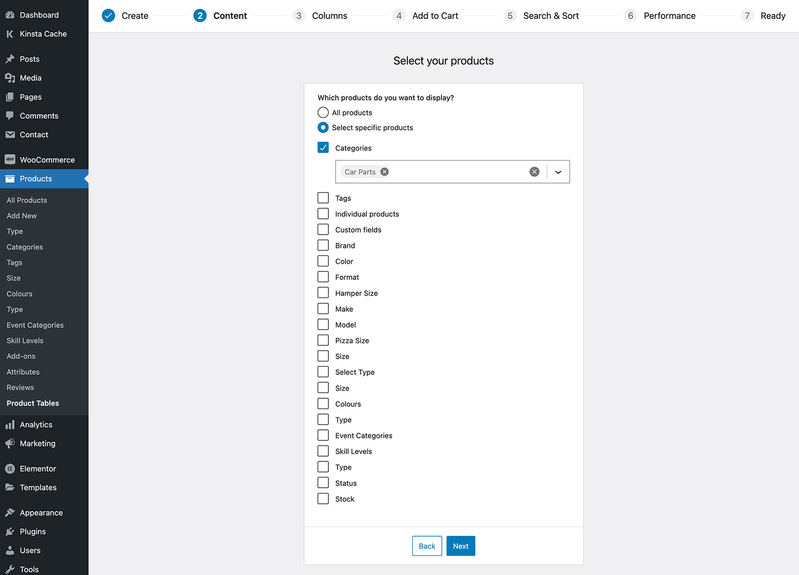 WPT table builder select products content