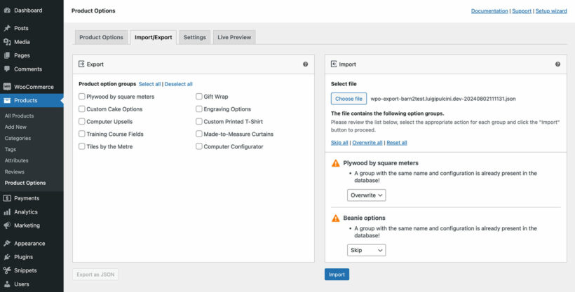 WooCommerce import export product options warning