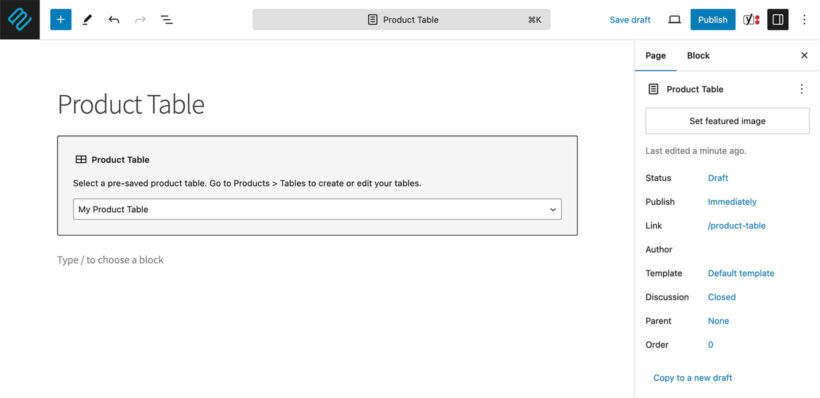 Product Table Gutenberg Block
