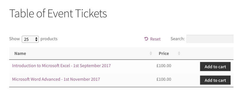 WooCommerce Table of Event Tickets