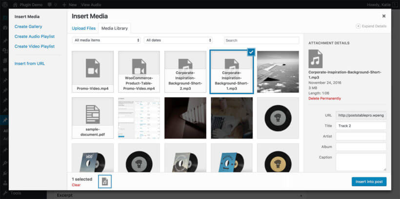 WordPress audio library plugin embedded