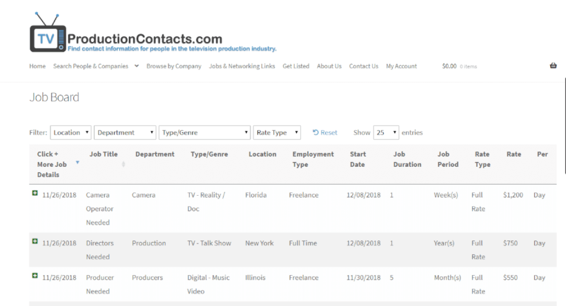 TVProductionContacts.com Sortable Job Board