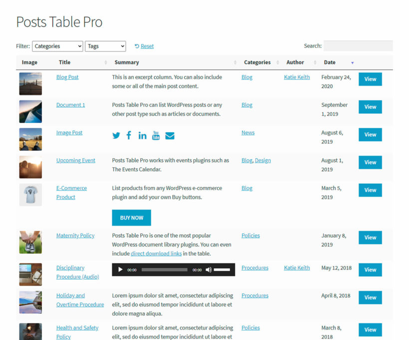Posts Table plugin