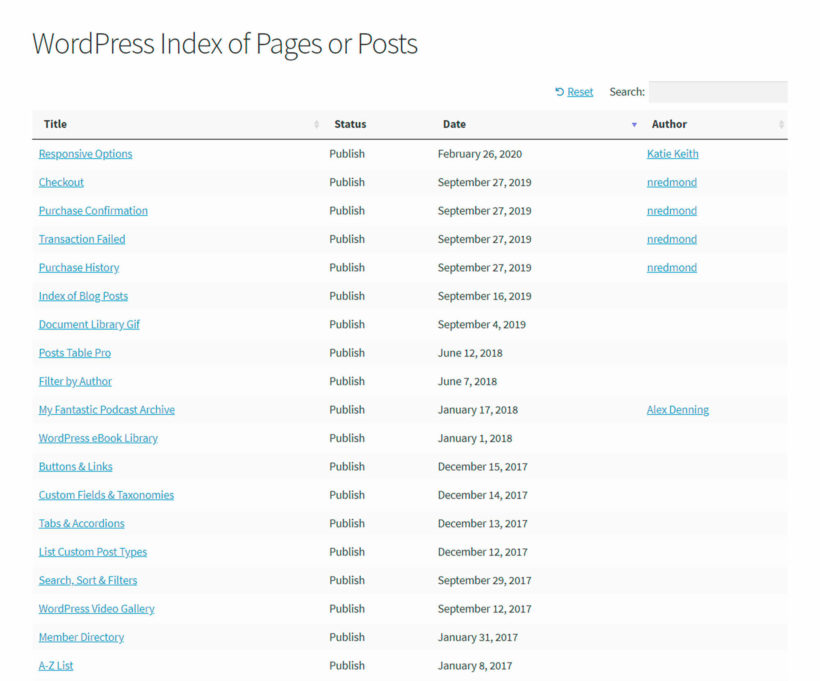 WordPress website navigation index plugin