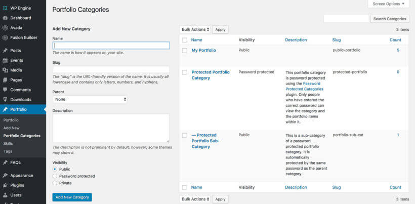Password protected portfolio categories WordPress