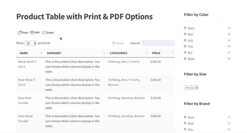 WooCommerce product table plugin with print and save to PDF