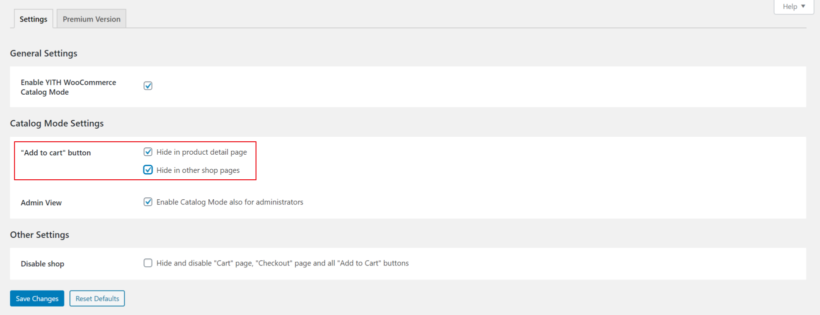 YITH WooCommerce Catalog Mode plugin settings