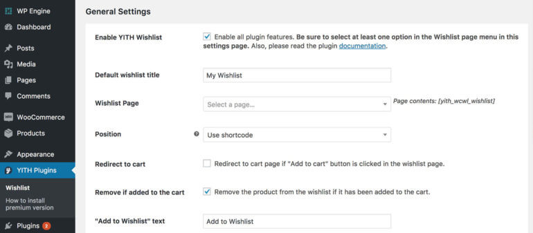 YITH WooCommerce wishlist plugin settings