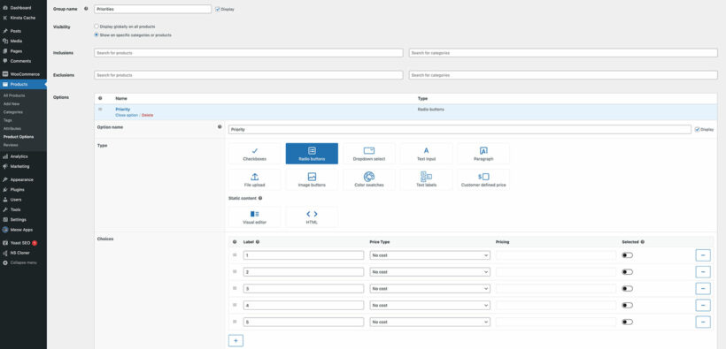 WooCommerce Product Options priorities