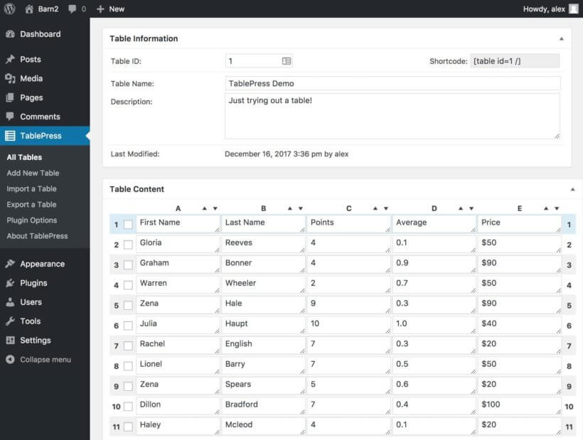 Screenshot of the TablePress manual table creation