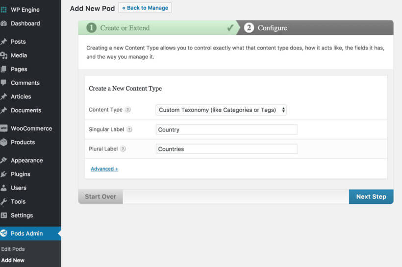 Create WordPress Custom Taxonomy Pods