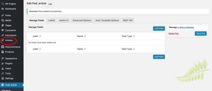 Edit Pod screen with WordPress custom post type link