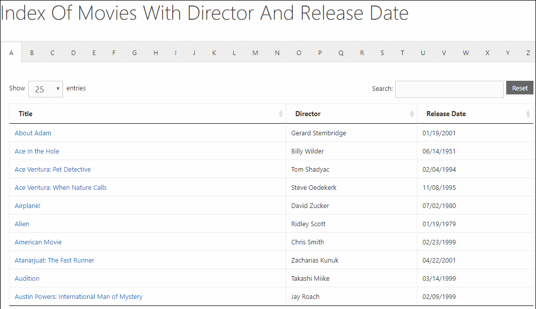 Example of WordPress A-Z listing for movies