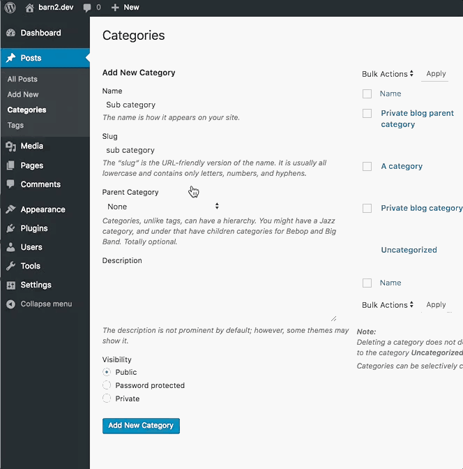 Password protect sub category.