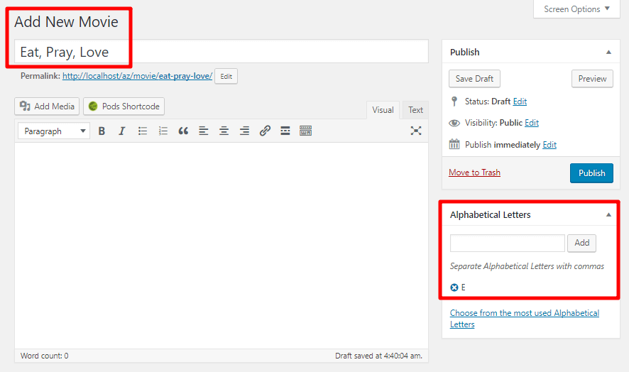 add custom taxonomy to create a wordpress alphabetical index