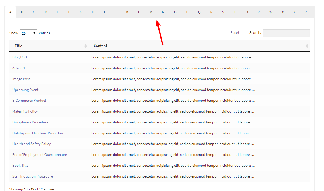 example of wordpress a-z listing tabs