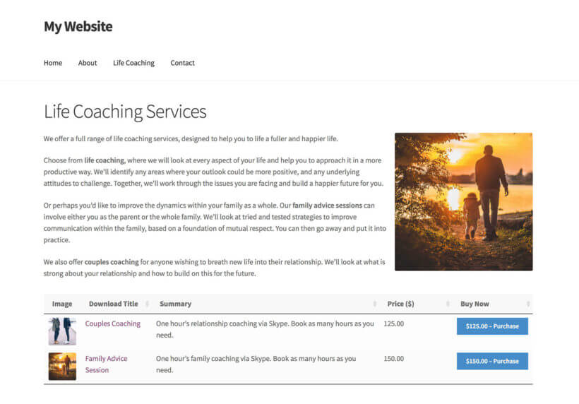 Sell Services in WordPress listed on services page