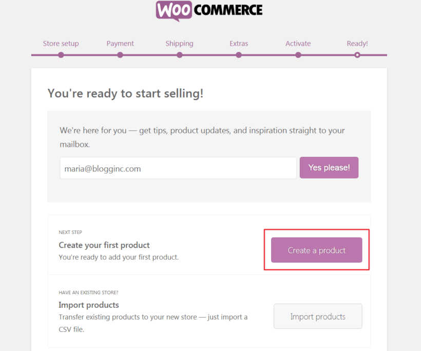 Button to begin creating your first product in WooCommerce