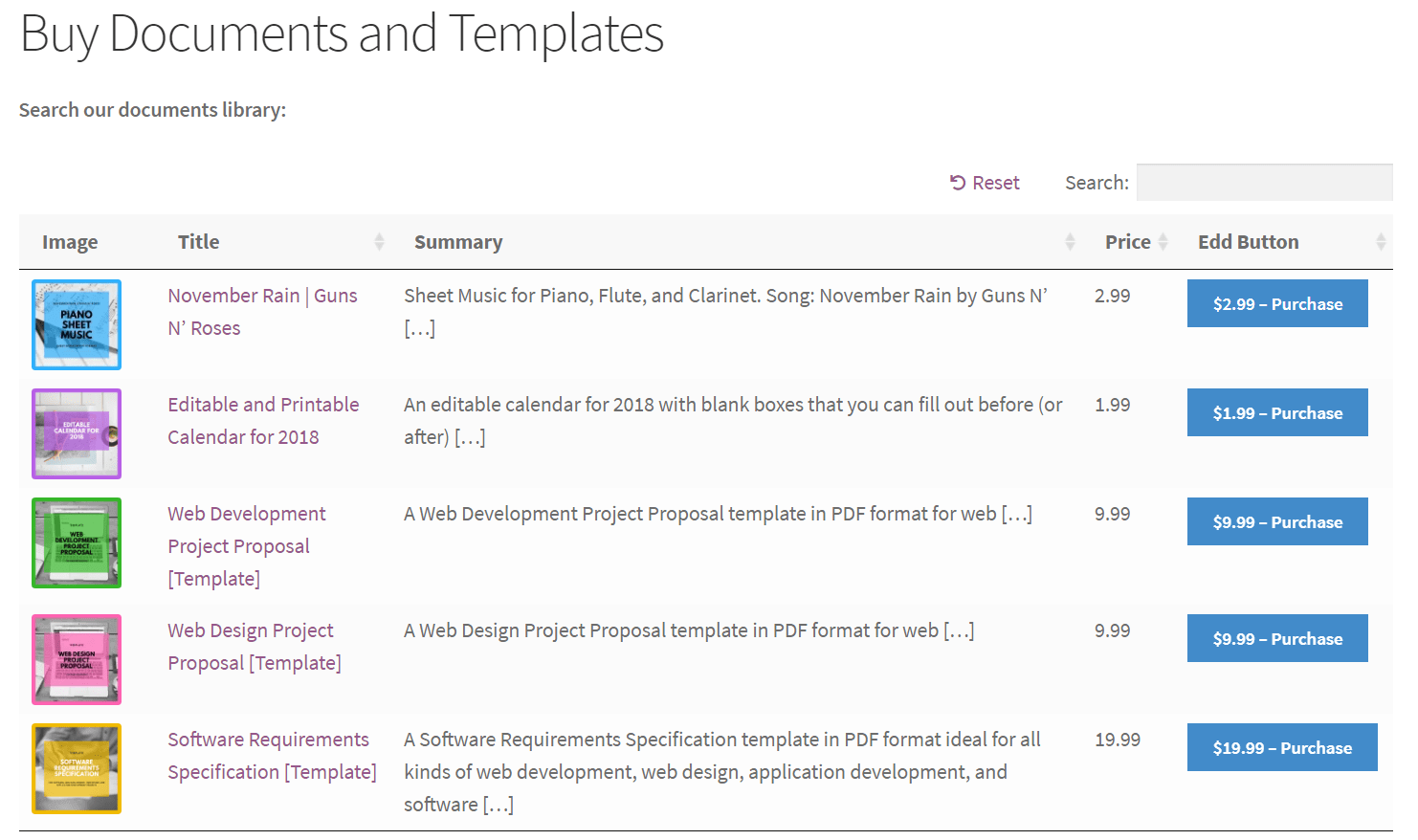 Preview of the Posts Table Pro on the front-end listing documents