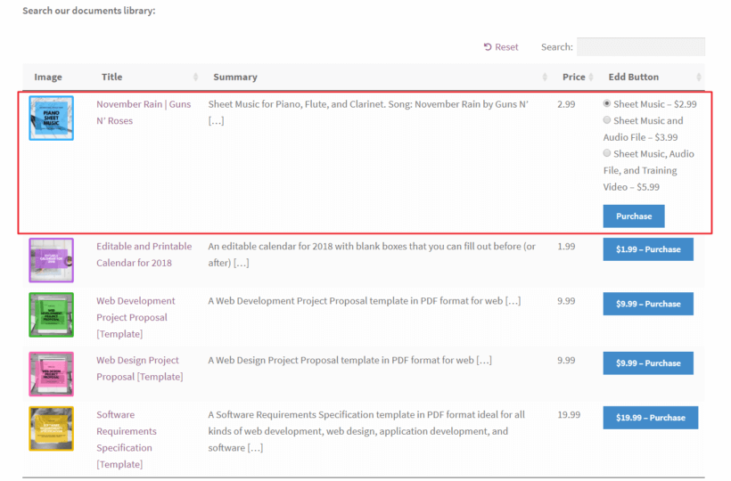 Preview of variable pricing options on the front-end using the Posts Table Pro plugin