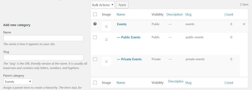Private and public Events categories.
