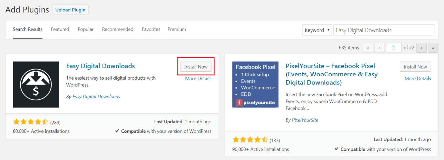 Install Now button to install the Easy Digital Downloads plugin