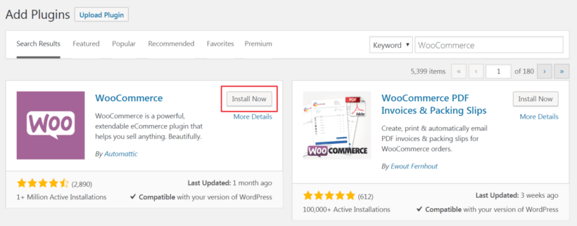Install Now button to install the WooCommerce plugin