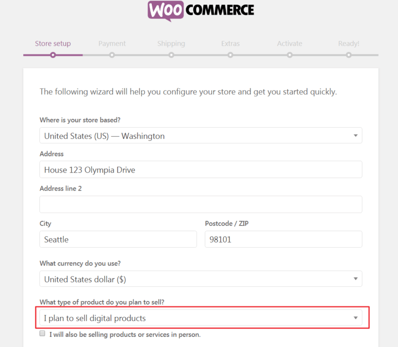 Type of product field in the WooCommerce setup wizard