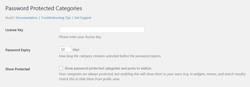 The Password Protected Categories plugin settings.