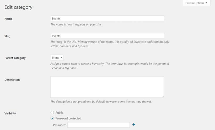 The Visibility section for the Password Protected Categories plugin.