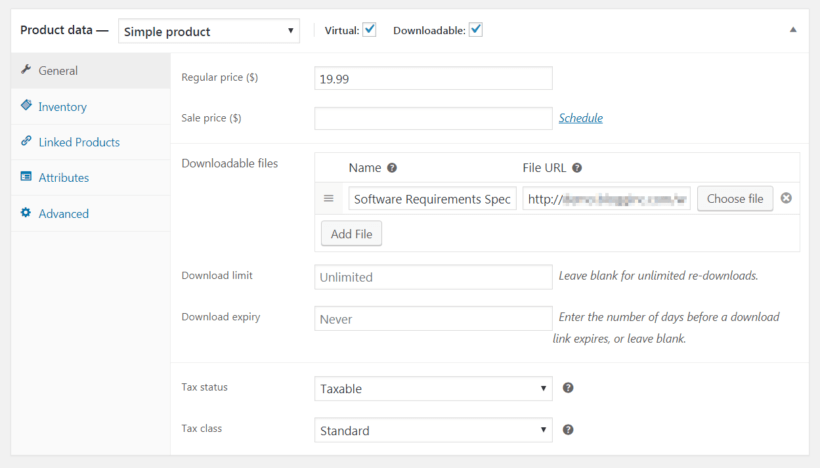 Product data for a sample, simple product created in WooCommerce